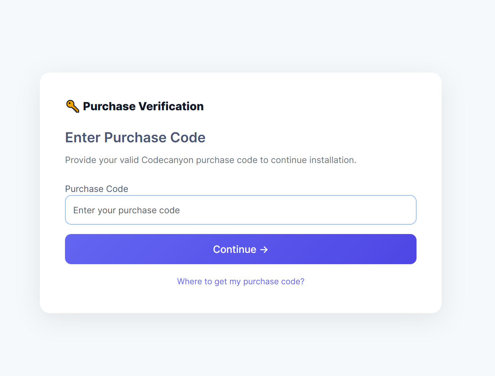 Provide your valid Codecanyon purchase code to continue installation.