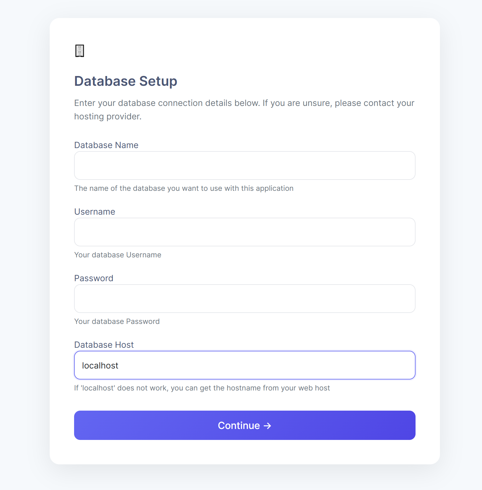 Configure your database settings to complete the installation.